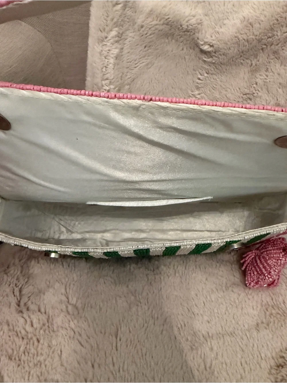 Viral TJ Maxx Beaded Bag Pink & Green Striped With Beaded Pink Charm